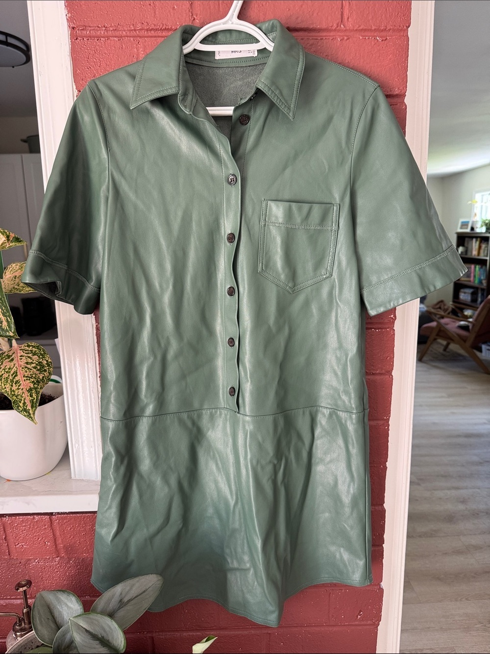 Mango Teal Faux Leather Button Down T Shirt Dress Size 4